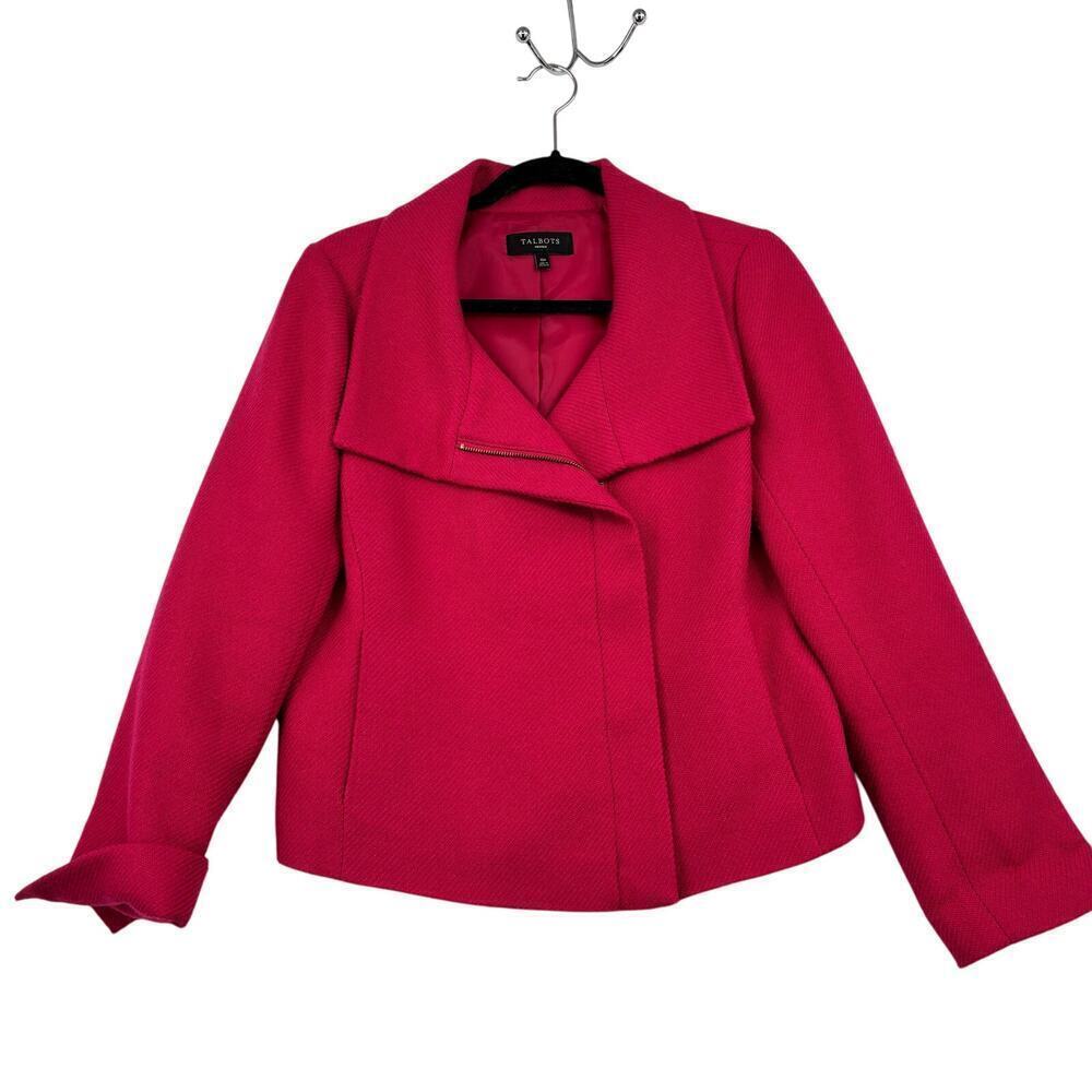 Talbots Moto Blazer Jacket Size 10 Magenta Pink Wool Blend Tweed Texture Lined